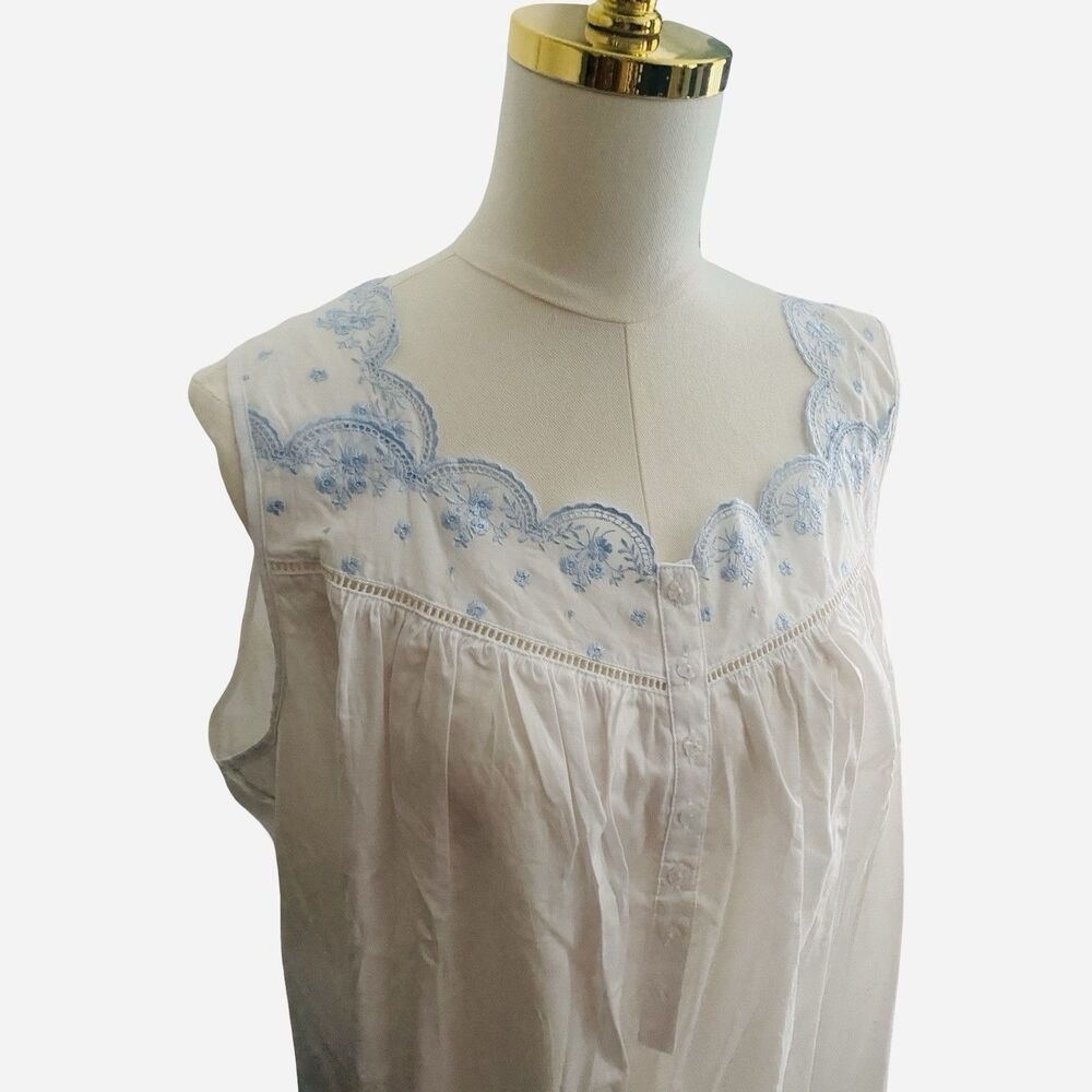 Eileen West Long Nightgown XL Cotton Sleeveless Blue Embroidered Scalloped - Picture 2 of 8